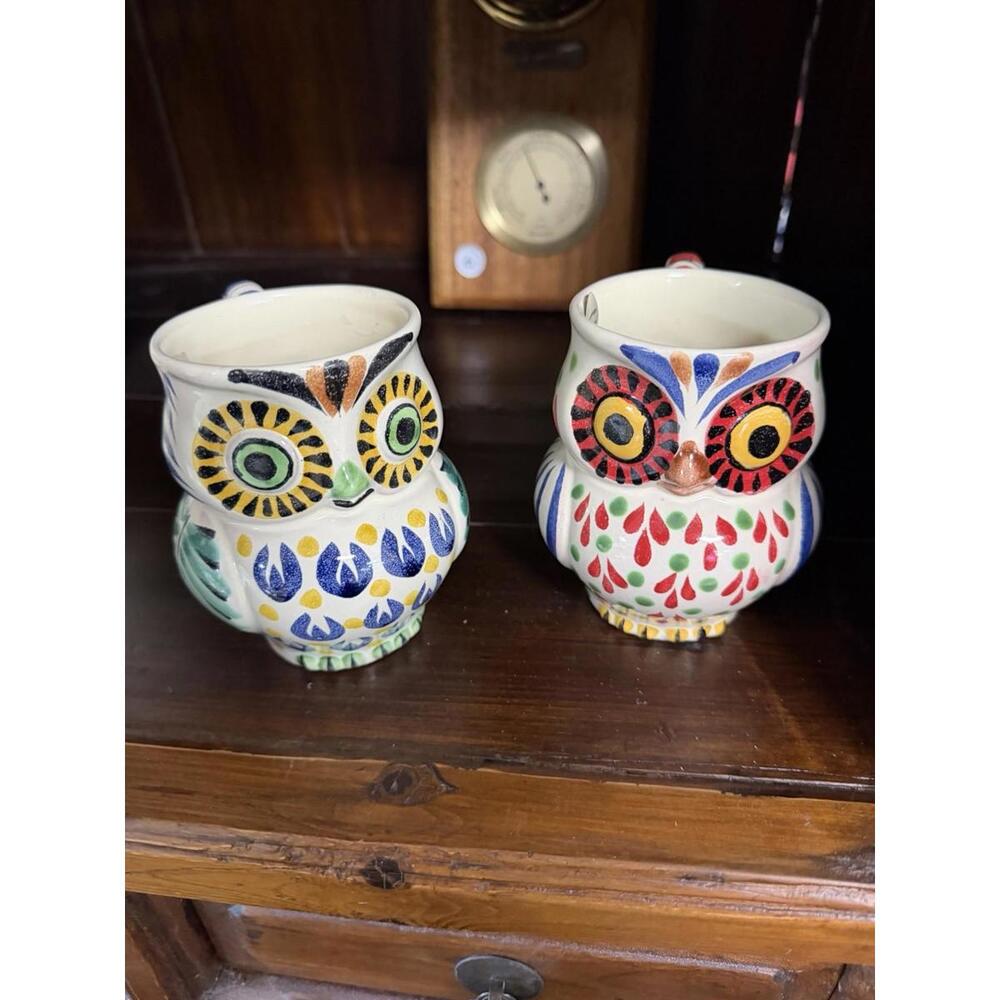 2 Anthropologie Gorky Gonzalez Coffee Mug Owl  Hand Painted Mexico Folk Art Nice